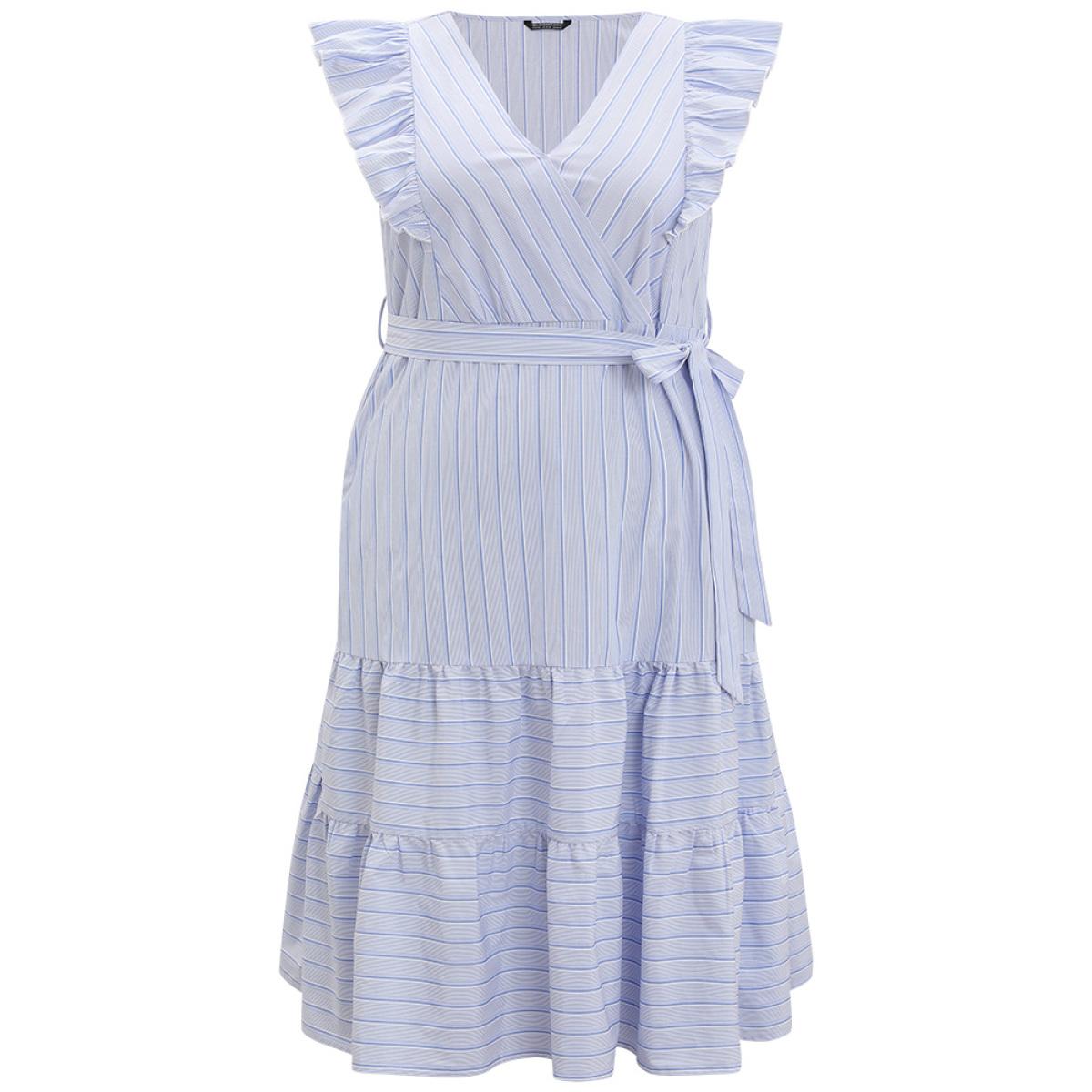 Plus Size Striped Surplice Neck Belted Ruffle Cap Sleeve Dress Stone Women Vacation Belted V-neck Cap Sleeve Curvy Midi Dress BloomChic 28/5X Product Image