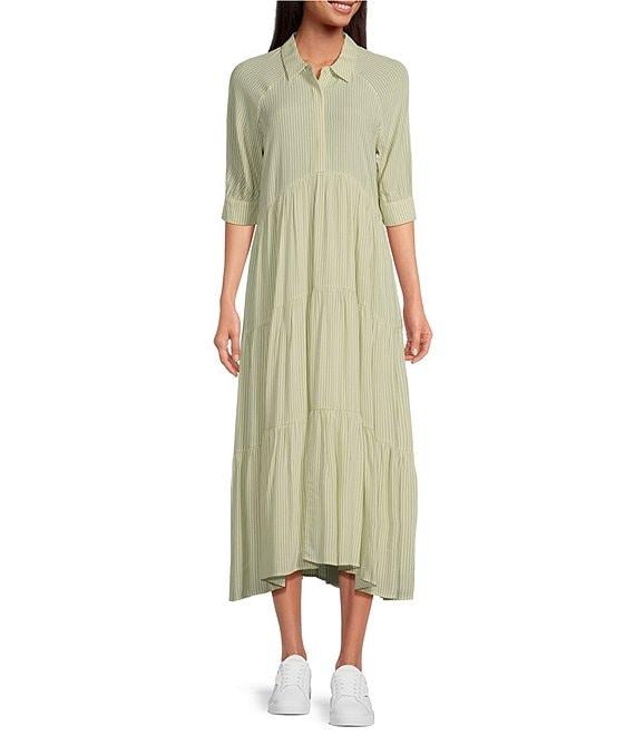 A Loves A Pinstripe Print Button Point Collar 3/4 Blouson Cuff Sleeve Tiered Waistless Midi Shirt Dress Product Image