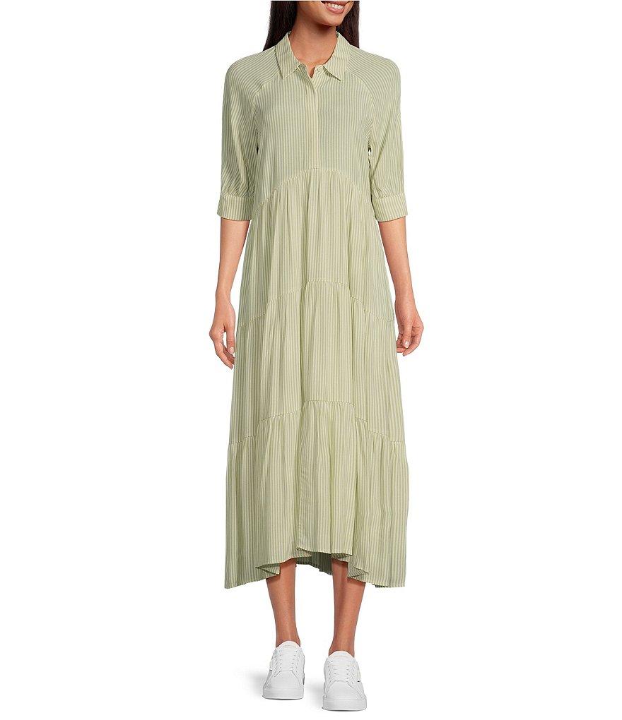 A Loves A Pinstripe Print Button Point Collar 3/4 Blouson Cuff Sleeve Tiered Waistless Midi Shirt Dress Product Image