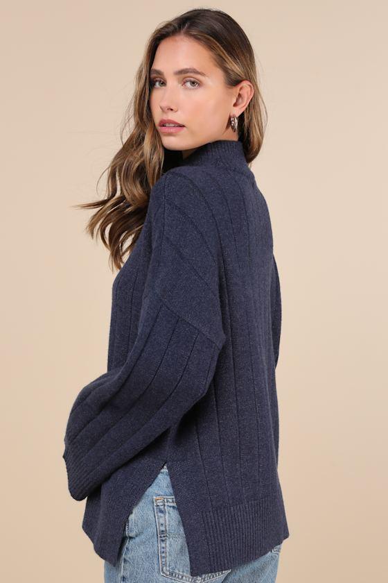 Seasonal Snuggles Navy Ribbed Mock Neck Pullover Sweater Product Image