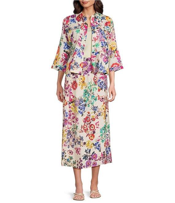 JOHNNY WAS Mixed Floral Printed Linen Point Collar 3/4 Sleeve Peplum Hem Jacket Product Image