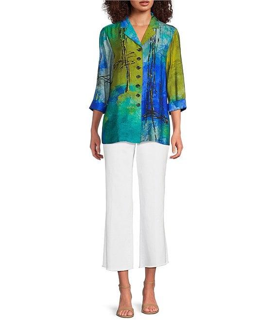 Ali Miles Woven Color Block Print Point Collar 3/4 Sleeve Button Front Tunic Product Image
