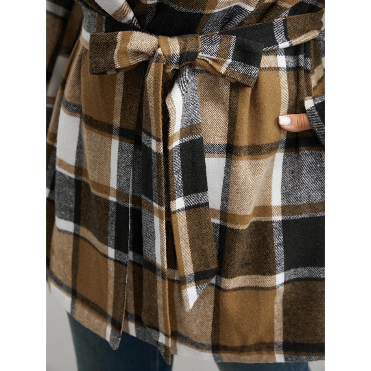 Plus Size Plaid Contrast Belted Lapel Collar Coat Women Tan Casual Belted Ladies Dailywear Winter Coats BloomChic 30/6X Product Image