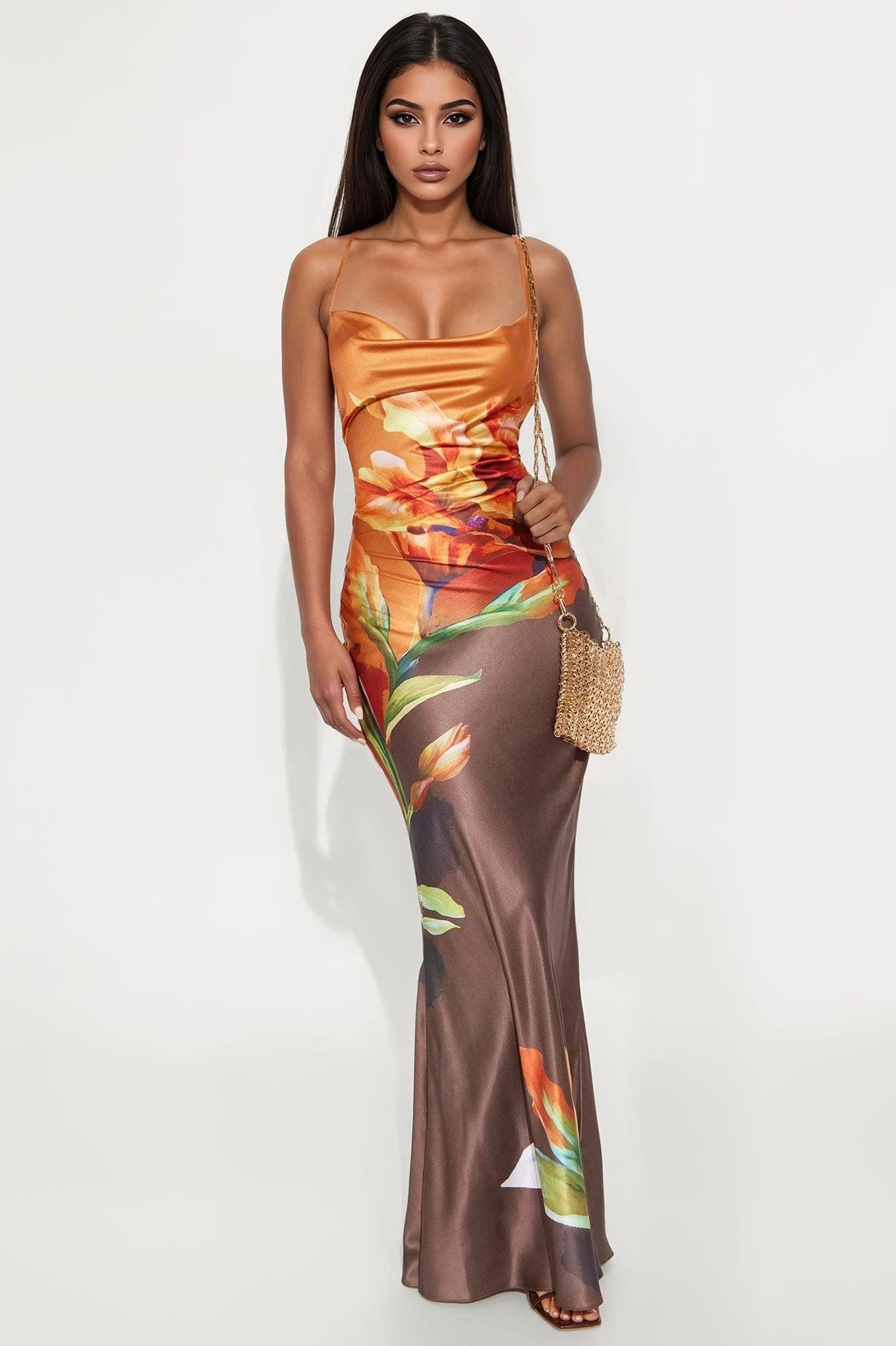 Jayla Backless Satin Maxi Dress - Mocha/combo Female Product Image