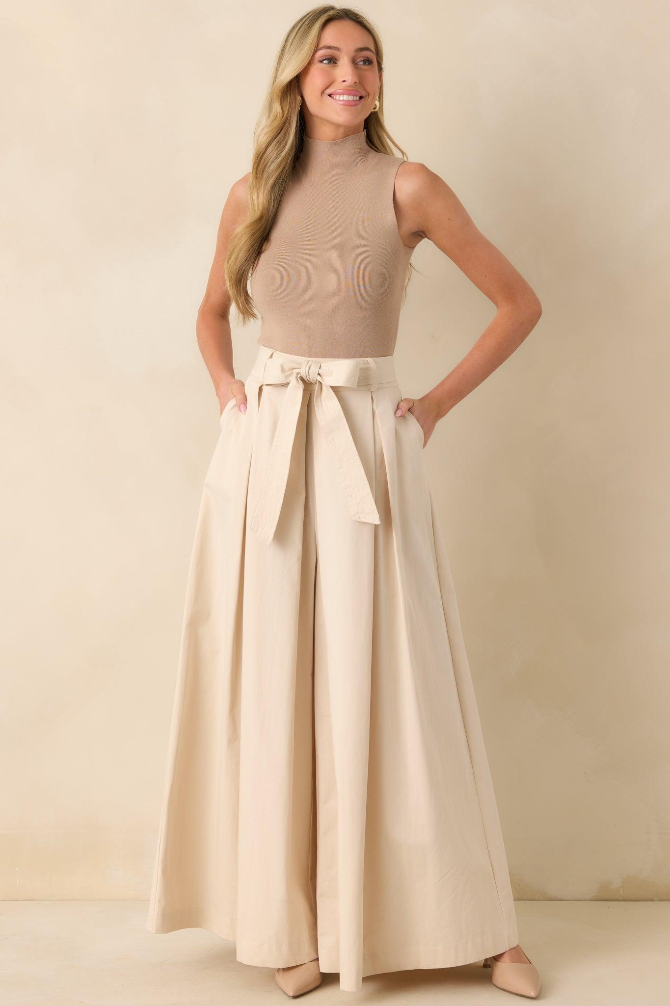 Taking Time Off Ecru Cotton Belted Palazzo Pants Product Image