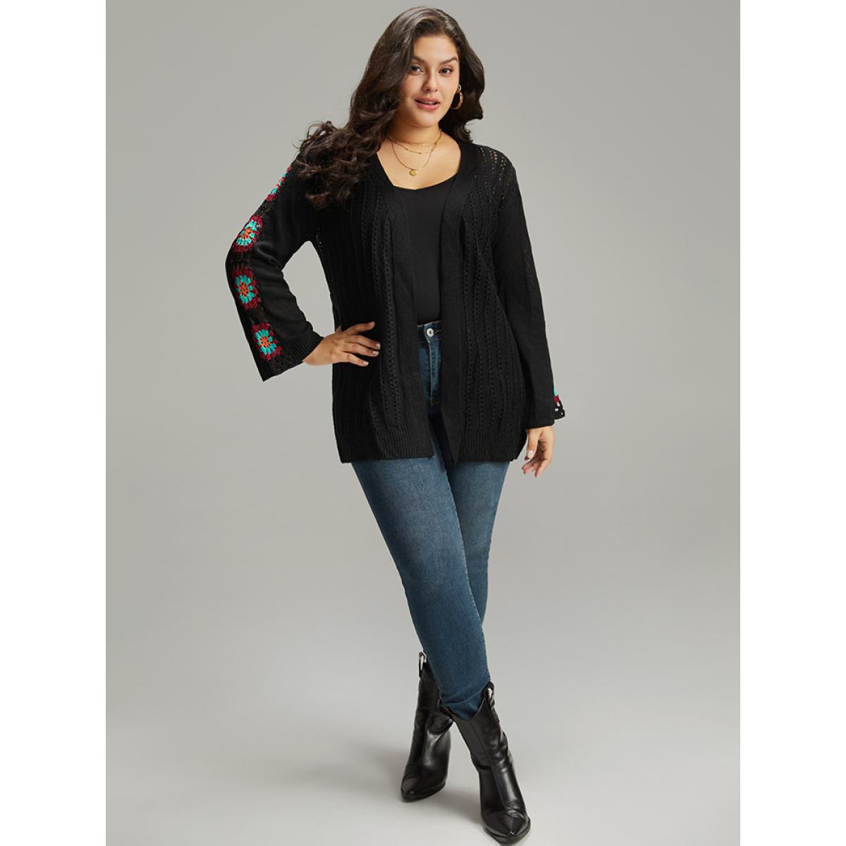 Plus Size Plain Hollow Out Patchwork Cardigan Black Women Casual Loose Long Sleeve Dailywear Cardigans BloomChic 18-20/2X Product Image