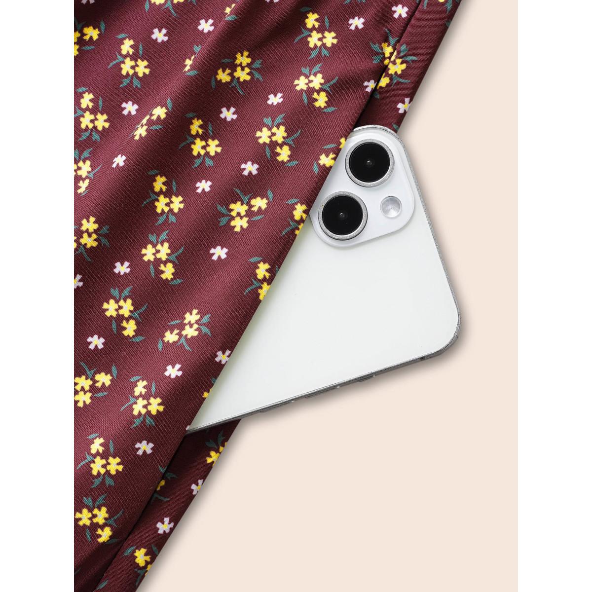 Plus Size Ditsy Floral Patchwork Ruffle Layered Hem Dress Burgundy Women Elegant Patchwork Heart neckline Short sleeve Curvy BloomChic 28/5X Product Image