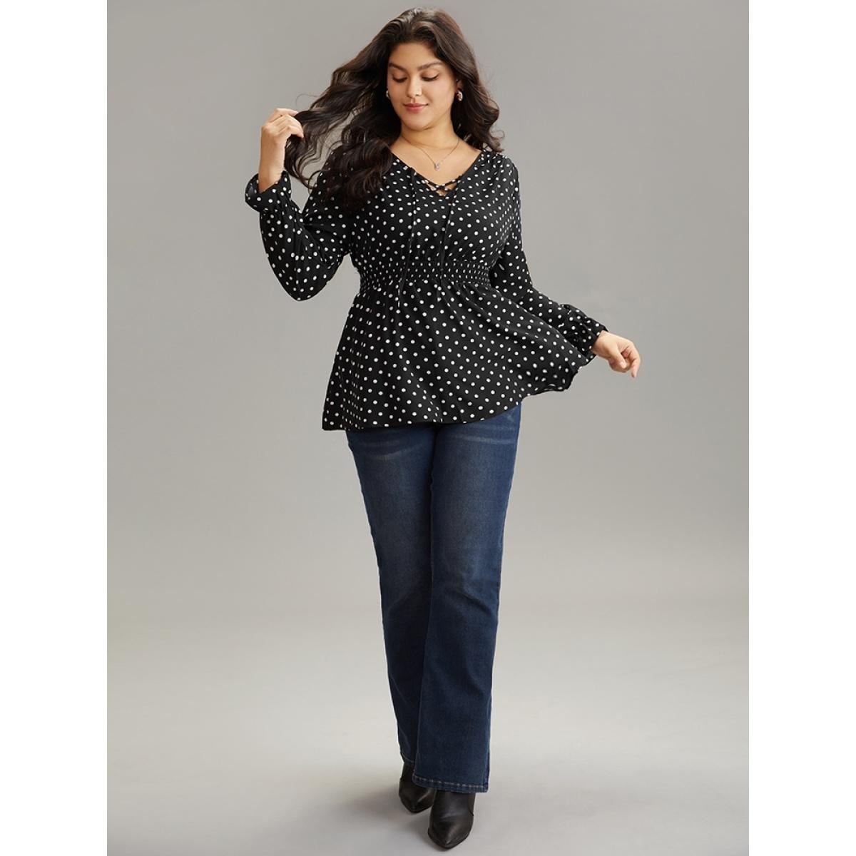 Plus Size Black Polka Dot Lace Up Shirred Flutters Blouse Women Office Long Sleeve V-neck Office Blouses BloomChic 22-24/3X Product Image