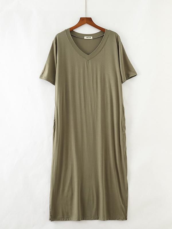Simple Short Sleeves Loose Split-Side Solid Color V-Neck Pajamas Dress Product Image
