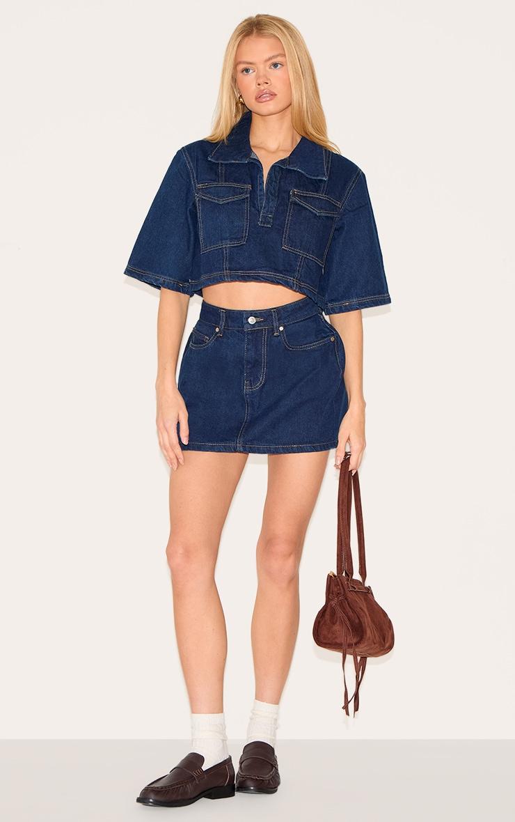 Indigo Contrast Stitch Cropped Denim Shirt Product Image