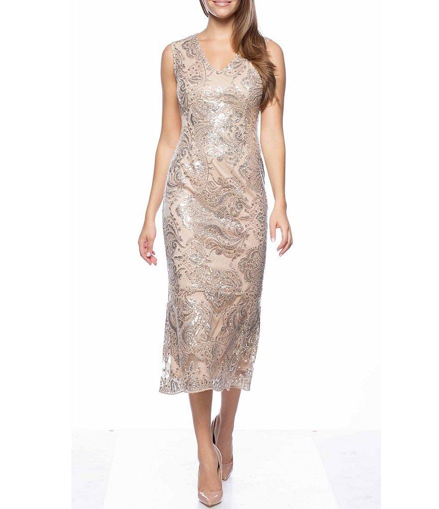 Marina Sleeveless V-Neck Sequin Lace Midi Dress Product Image