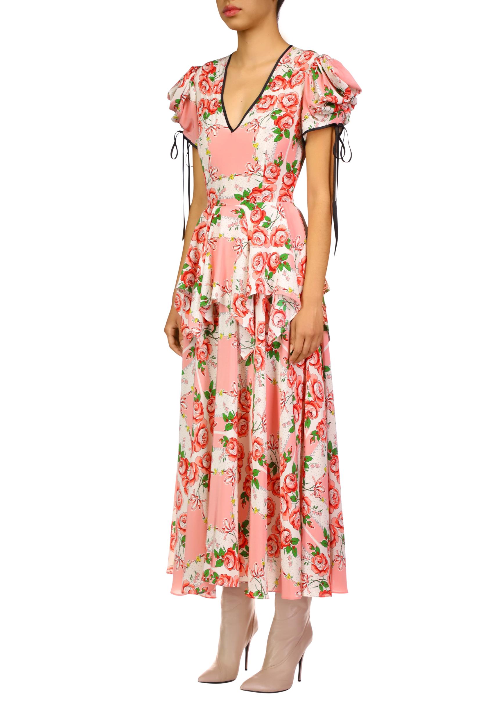 Pink Rose Printed Silk Puff Sleeve Dress With Peplum Detail Product Image