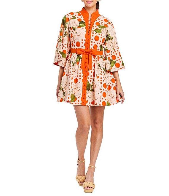 Mestiza New York Carmen Linen Dotted Floral Print Mandarin Collar 3/4 Full Sleeve Mini A-Line Dress Product Image