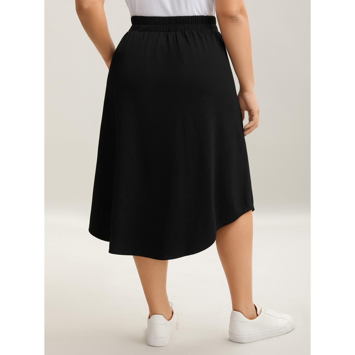 Plus Size Button Detail Hi-Low Hem Midi Skirt Women Black Elegant Bodycon Low stretch Side seam pocket Everyday Skirts BloomChic 26/4X Product Image
