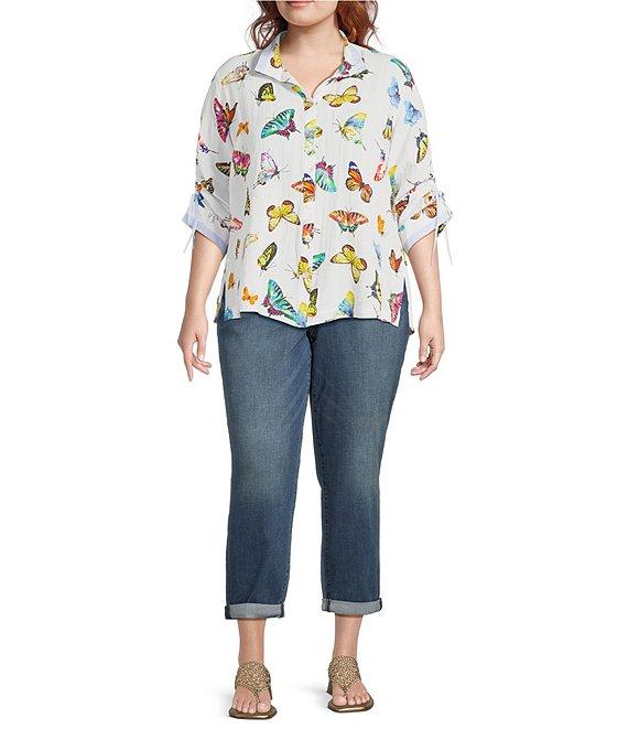 John Mark Plus Size Woven Butterfly Print Wire Collar 3/4 Cinch Tie Sleeve Button Front Blouse Product Image