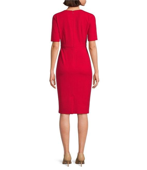 Adrianna Papell Crew Neck Short Sleeve Bow Front Crepe Sheath Dress Product Image