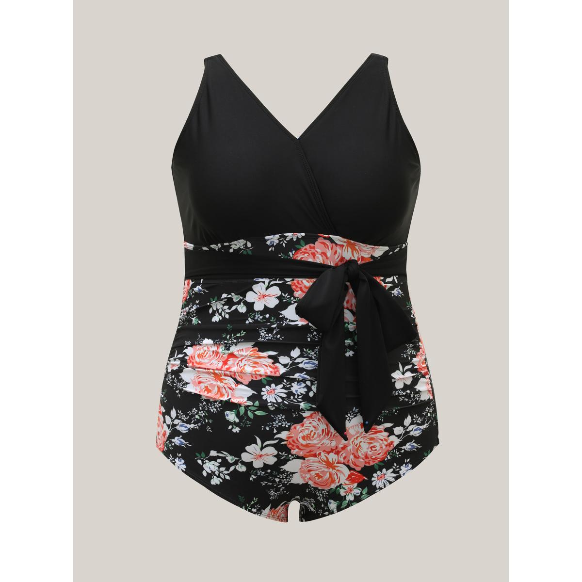 Plus Size Floral Print Ruched Belted One-Piece Swimsuit Women's Swimwear Black Beach Tie knot Curve Bathing Suits High stretch One Pieces BloomChic 14-16/1X Product Image