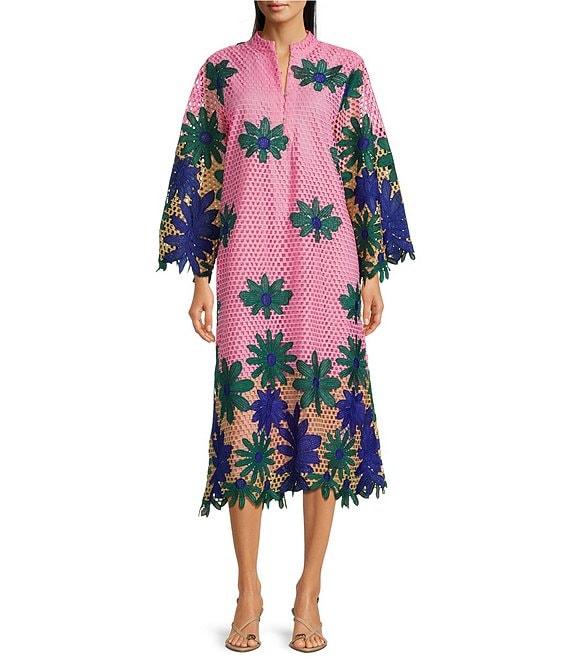 J.Marie Emery Lace High Neck 3/4 Sleeve Scalloped Hem Midi Shift Dress Product Image