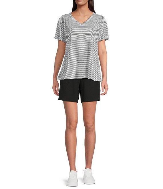 Eileen Fisher Stripe Organic Linen Jersey V-Neck Short Sleeve Tee Product Image