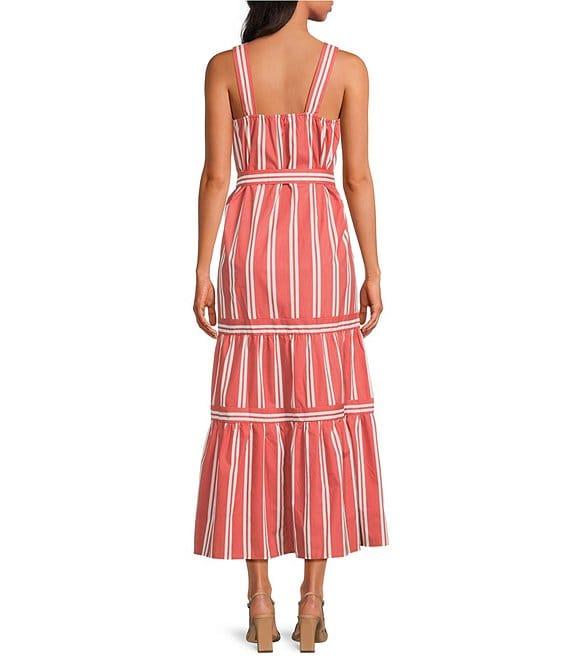 ELAN Stripe Cotton Blend Square Neck Sleeveless Belted Maxi Dress Product Image