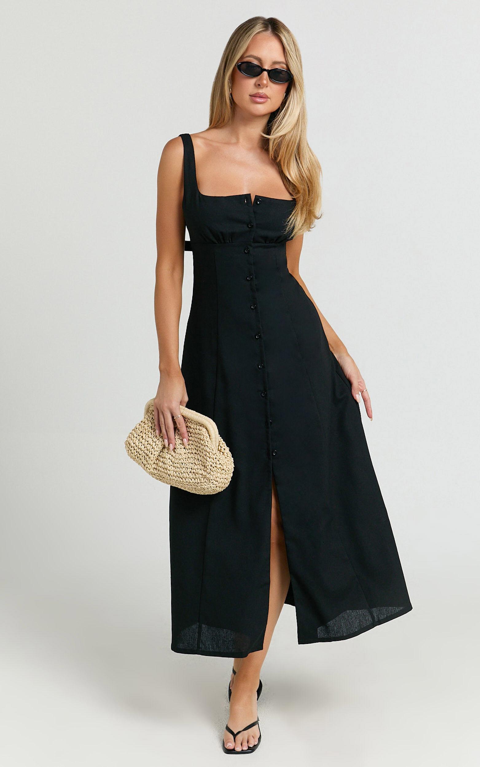 Cameron Midi Dress - Button Front Tie Back Dress in Black Product Image