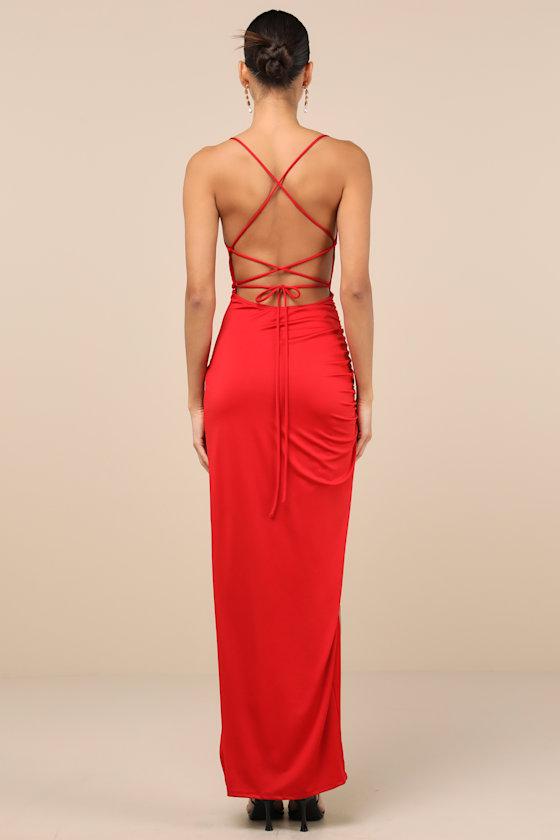Stunning Perception Red Slinky Lace-Up Maxi Dress Product Image