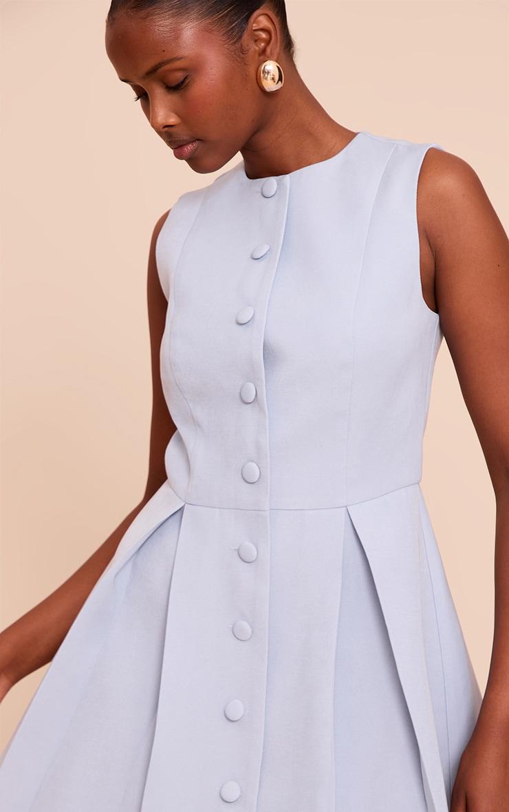 Light Blue Tailored Woven Button Down Pleated Shift Dress Product Image