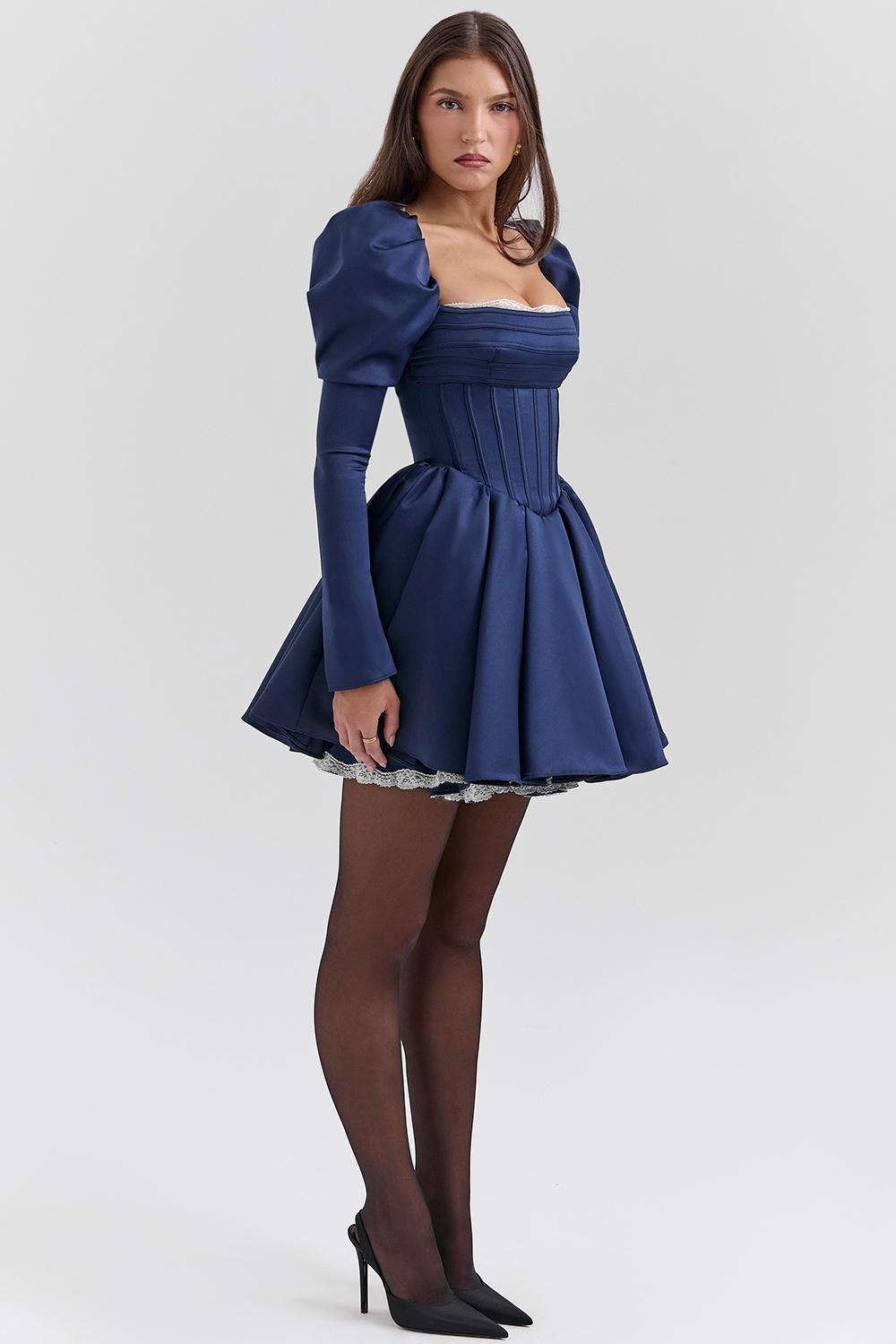 Venetia  midnight satin puff sleeve mini dress - sale Product Image