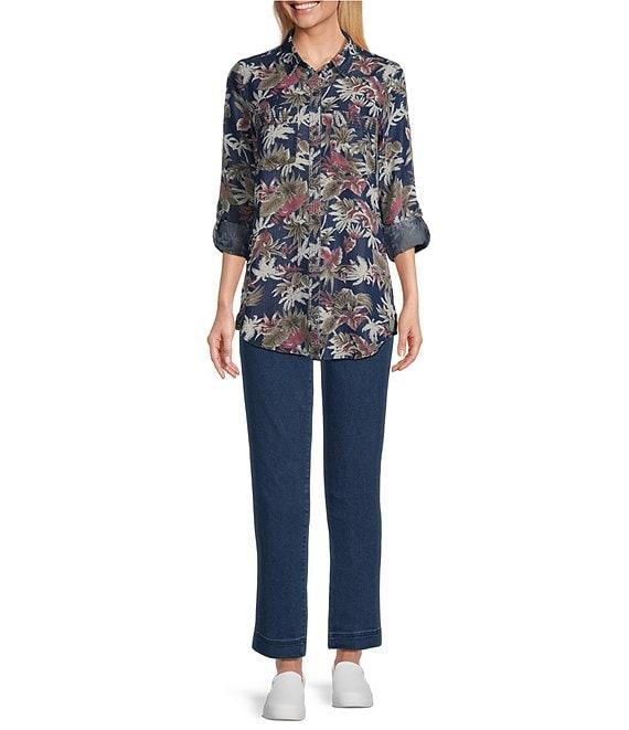 Intro Lyocell Tropical Print Collared Long Roll-Tab Sleeve Snap-Front Shirt Product Image
