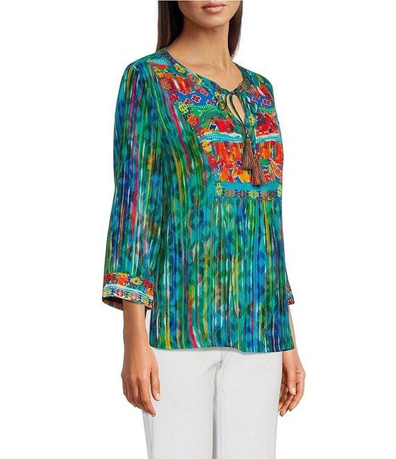 John Mark Petite Size Embroidered Printed Split V-Neck 3/4 Sleeve Hi-Low Hem Tunic Product Image