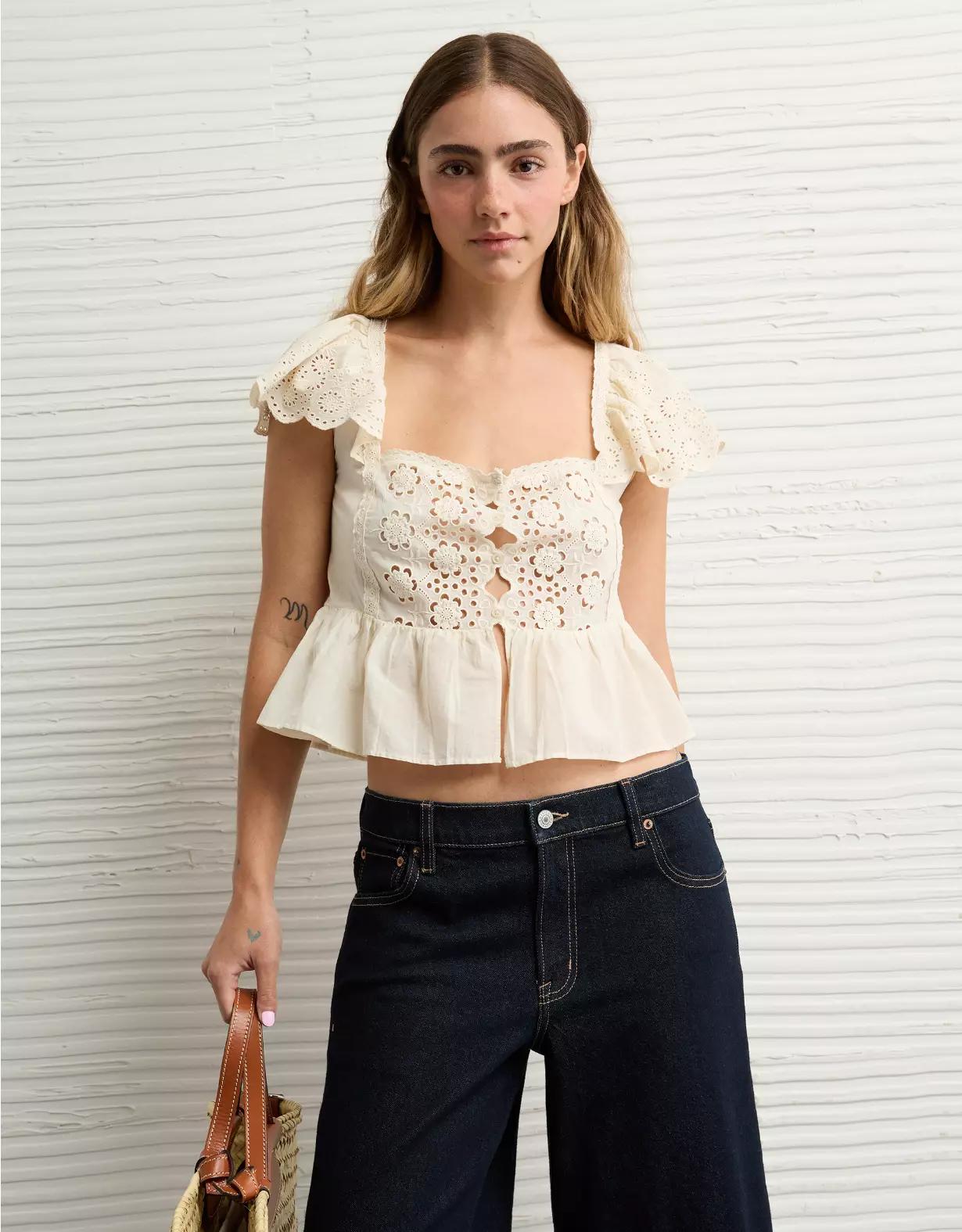 AE Cap Sleeve Eyelet Blouse Product Image