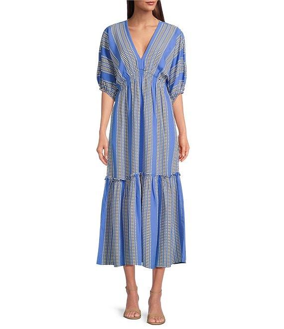 Taylor Striped V-Neckline Elbow Length Sleeve Tiered Bottom Maxi Dress Product Image