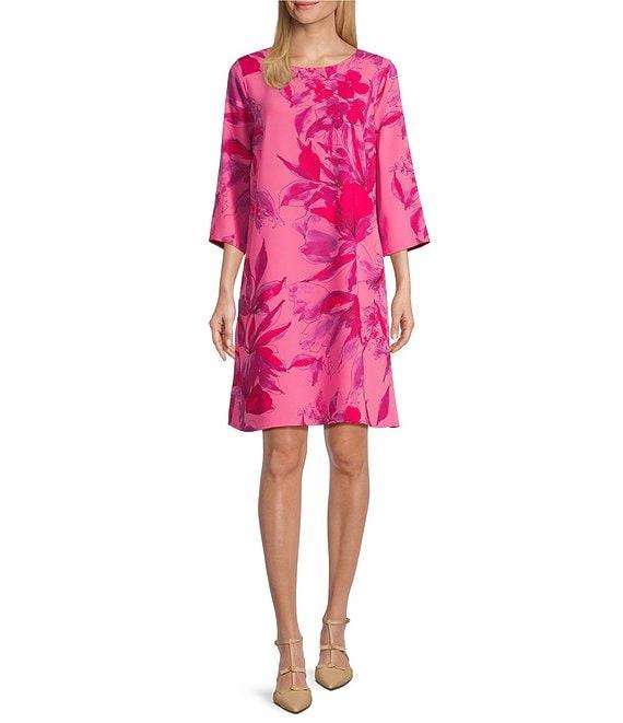 Caroline Rose Flower Splash Print Round Neck 3/4 Sleeve Dress Product Image