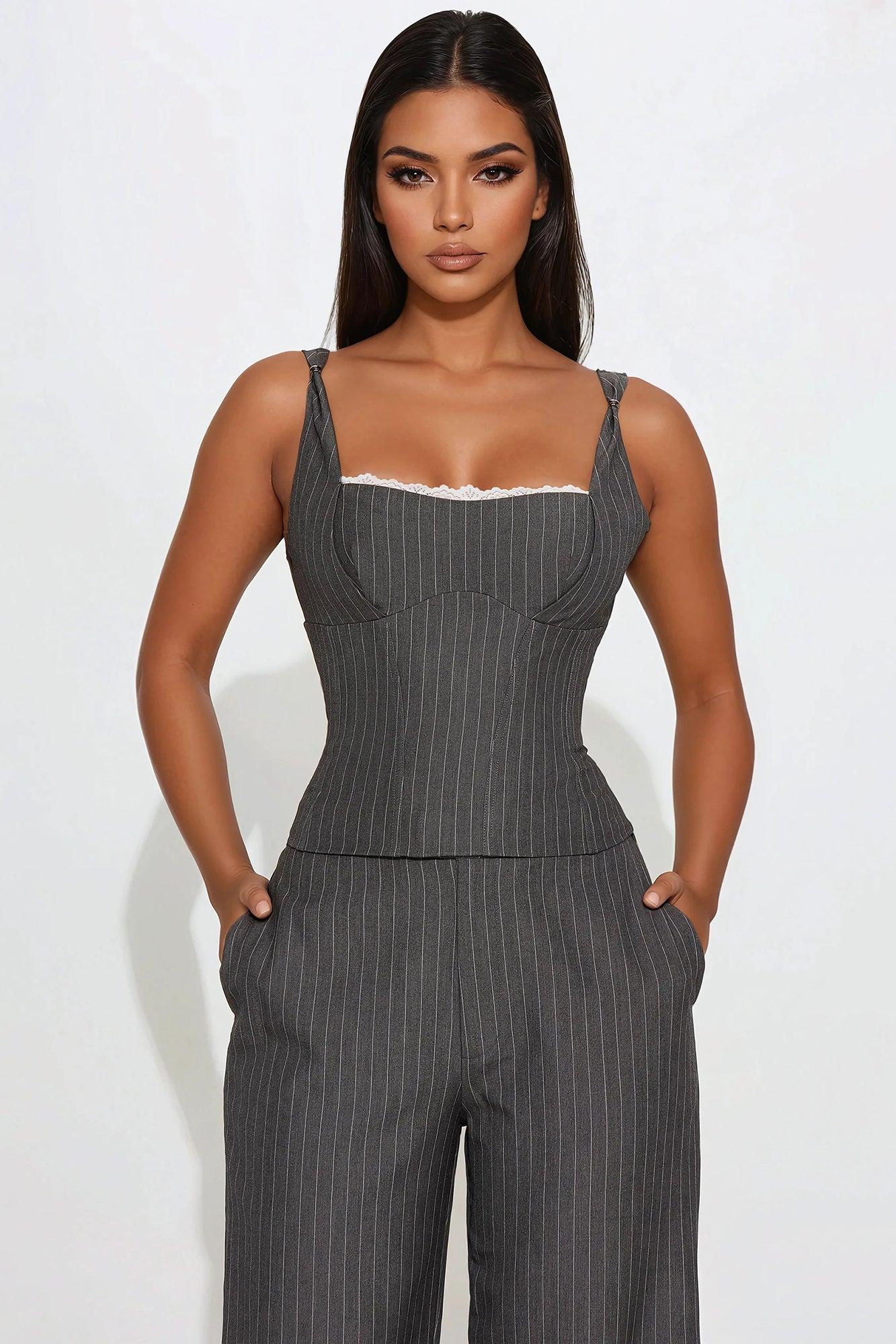 Evangeline Pinstripe Pant Set - Charcoal Product Image
