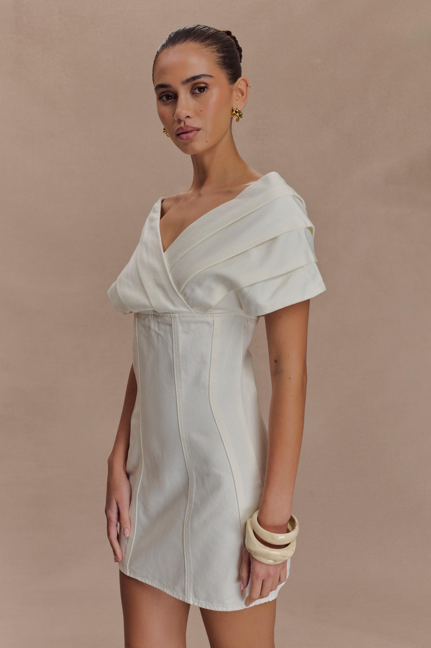 Pascale Off Shoulder Denim Mini Dress - White Product Image