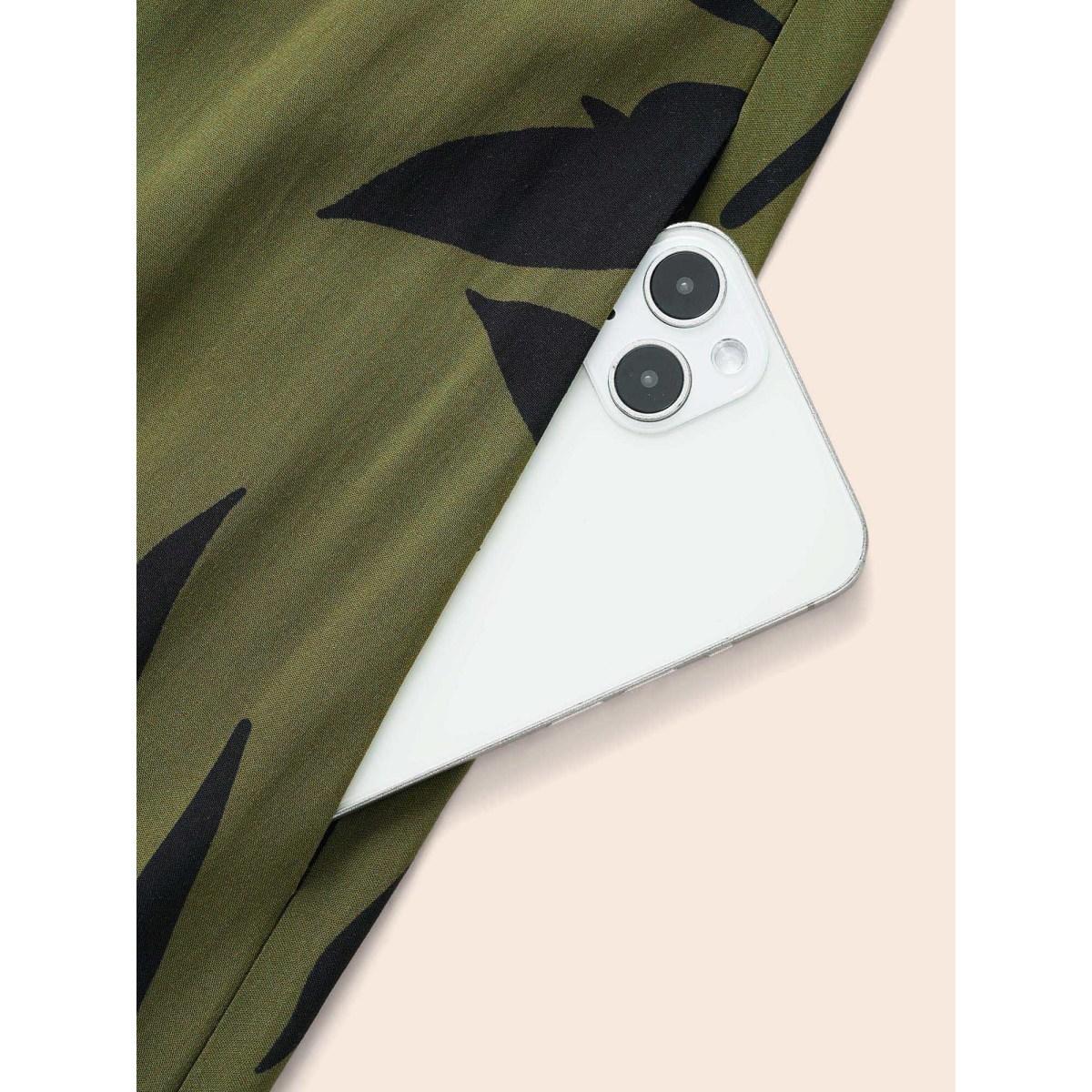 Plus Size Tropical Print Shirt Collar Midi Dress ArmyGreen Women Elegant Button Shirt collar Short sleeve Curvy BloomChic 22-24/3X Product Image