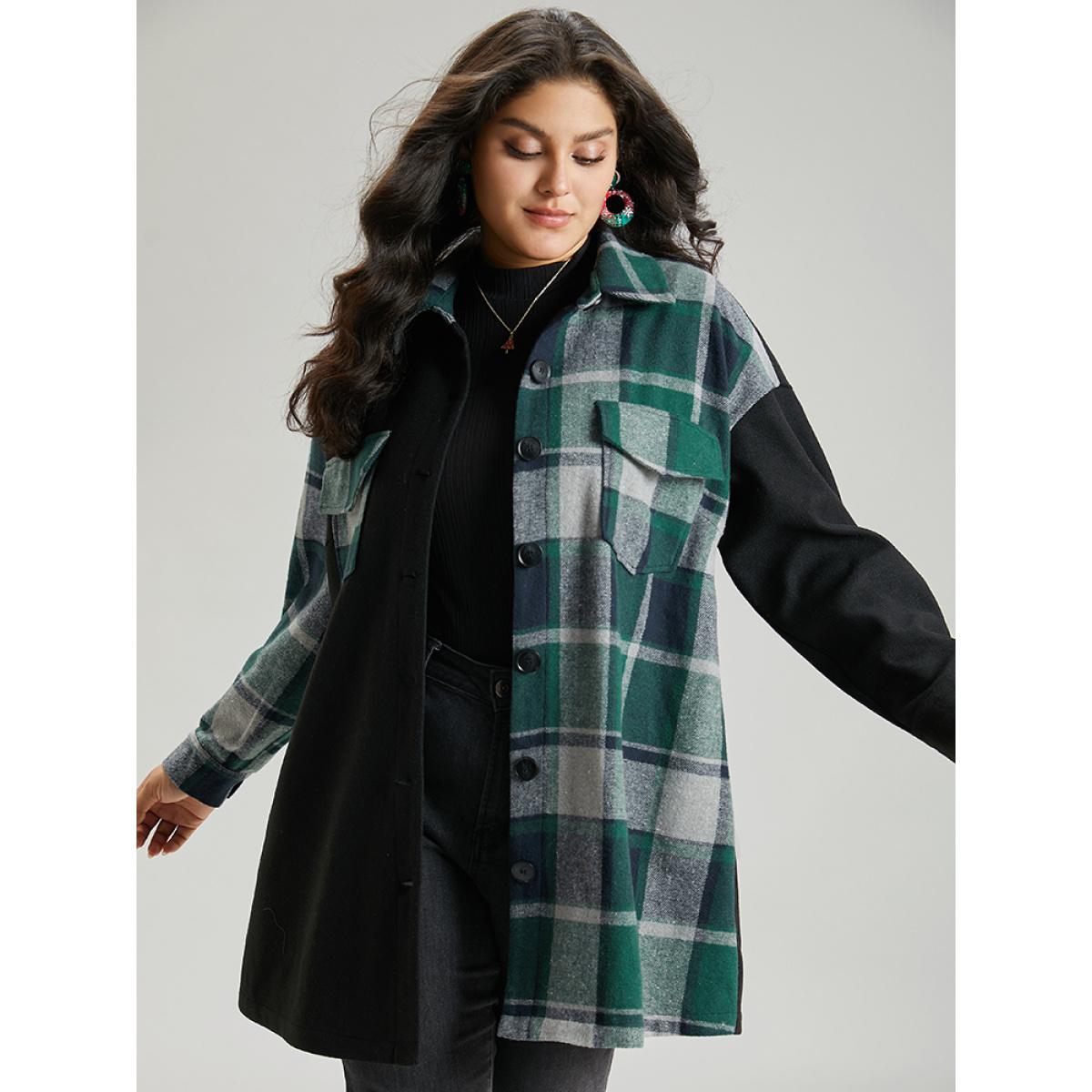 Plus Size Plaid Contrast Patchwork Pocket Button Up Shacket Women Green Contrast Pocket Dailywear Jackets BloomChic 10/M Product Image