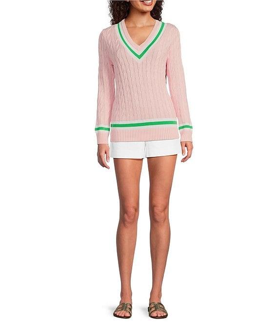 Lilly Pulitzer Brockton Cable Knit V-Neck Long Sleeve Stripe Detail Sweater Product Image