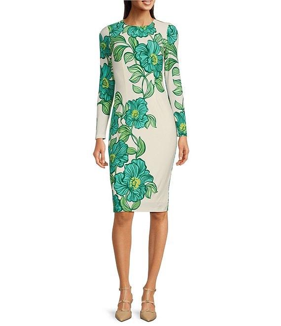 Maggy London Floral Print Stretch Matte Jersey Round Neck Long Sleeve Sheath Dress Product Image