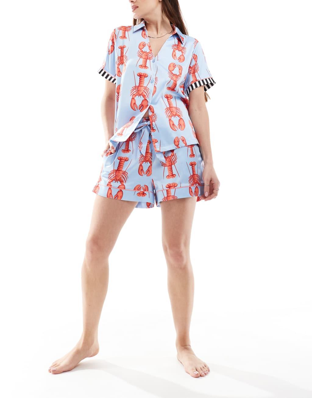 Chelsea Peers satin short sleeve revere top and short set in Lobster print  Product Image