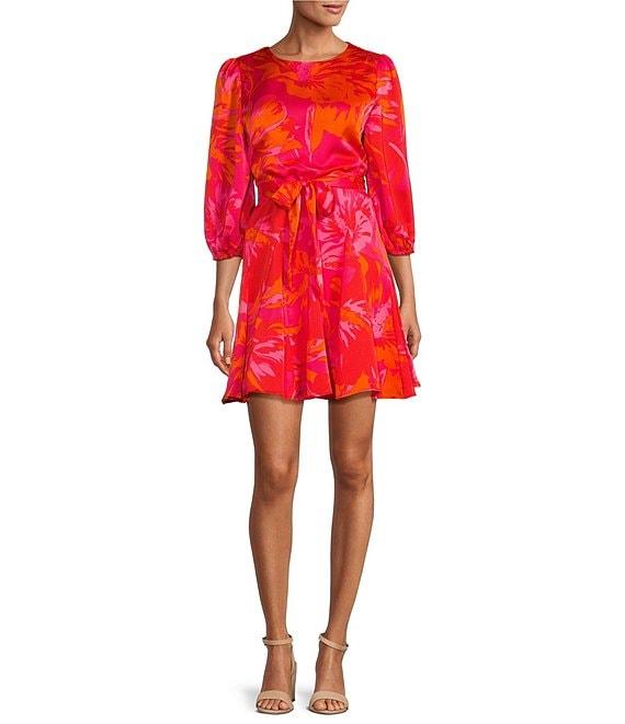 Sugarlips Floral Print Crew Neck Long Balloon Sleeve Mini Dress Product Image
