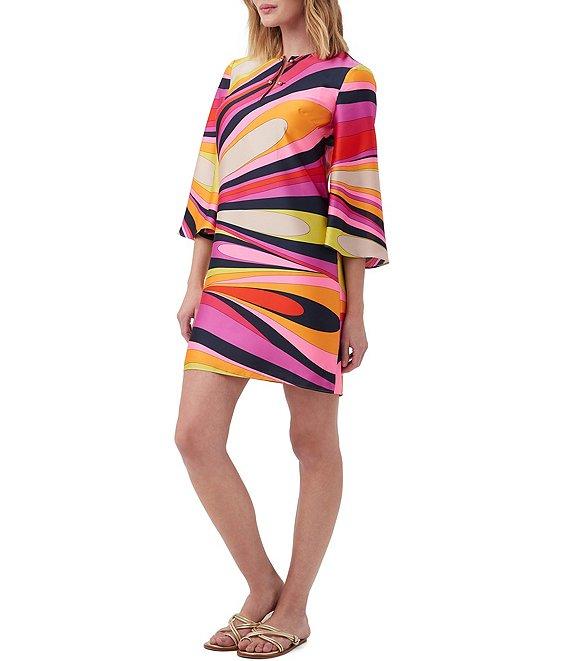 Trina Turk Nallia Satin Georgette Wynwood Waves Abstract Print Wide 3/4 Sleeve Shift Dress Product Image