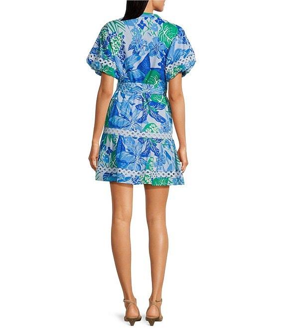 J.Marie Andie Floral Print Split Round Neck Short Puff Sleeve Belted Dress Product Image