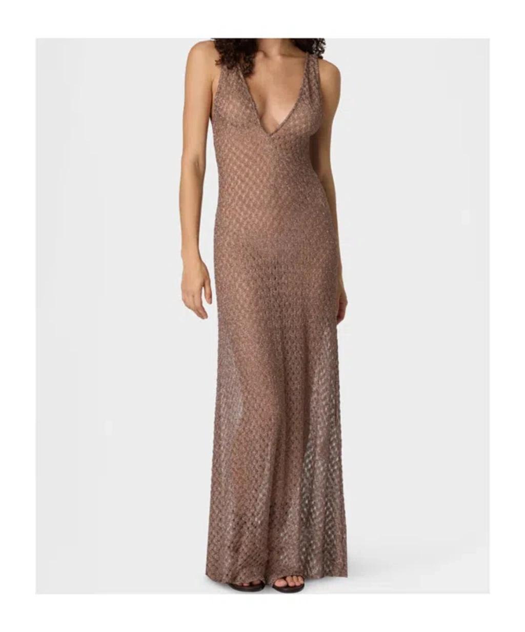 MISSONI Open Knit V-neck Knitted Dress In Brown Product Image