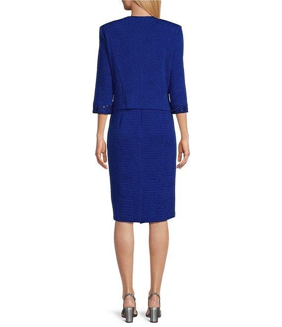 Le Bos Round Neck 3/4 Sleeve Embroidered Mesh Trim Textured 2-Piece Jacket Dress Product Image