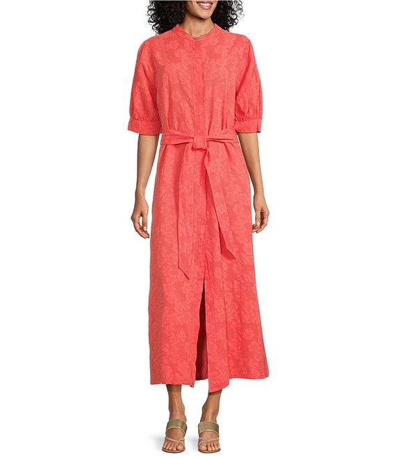 Bryn Walker Augustina Floral Cotton Jacquard Banded Collar Elbow Sleeve Button Front Maxi Dress Product Image