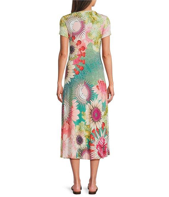 JOHNNY WAS The Janie Favorite Emily Abstract Floral Print Knit Jersey Crew Neck Cap Sleeve Midi Dress Product Image