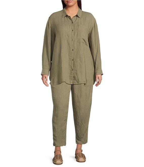 Eileen Fisher Plus Puckered Organic Linen Yarn-Dyed Stripe Elastic Waist Pull-On Pants Product Image