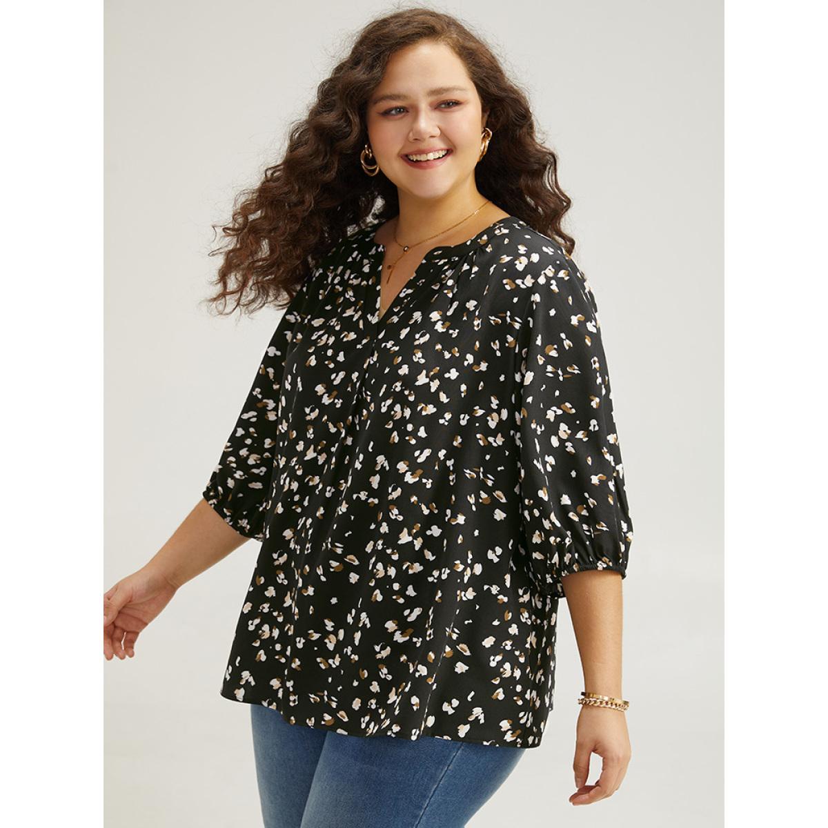 Plus Size Black Allover Print Notched Lantern Sleeve Blouse Women Elegant Half Sleeve V-neck Dailywear Blouses BloomChic 12/L Product Image