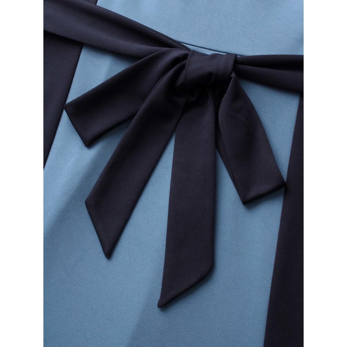 Plus Size Notched Contrast Patchwork Belted Dress Indigo Women At the Office Belted Flat collar with V-notch Cap Sleeve Curvy BloomChic 30/6X Product Image